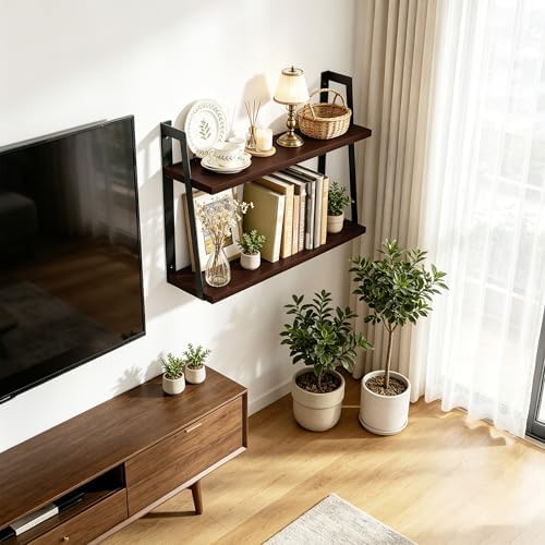 SRIWATANA Dark Walnut 2-Tier Floating Shelves, Wood Wall Storage Shelf Unit