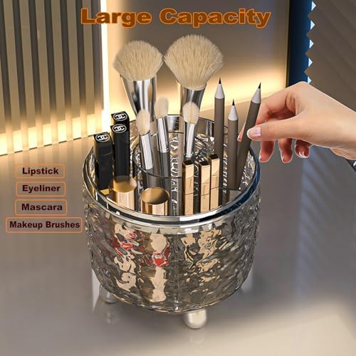 CHIRISEN 360 Rotating Makeup Brush Holder with Lid Dustproof Spinning Brush Storage for Bathroom Countertop, Cosmetic To