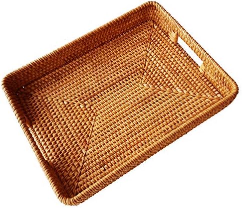 i-lan 15 Inch Large Size Handwoven Serving Tray, Decorative Rectangular Rattan Basket Bread Trays with Handles and 2.3”W