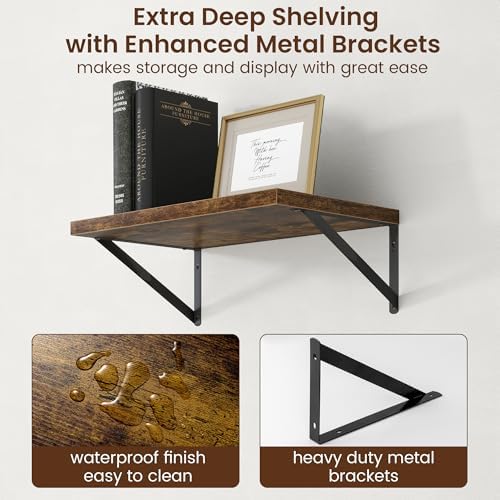 Axeman Deep Floating Shelves - 20 Inch Floating Shelves Set of 2-12 Inch Deep Brown Wood Wall Shelves for Living Room Ba