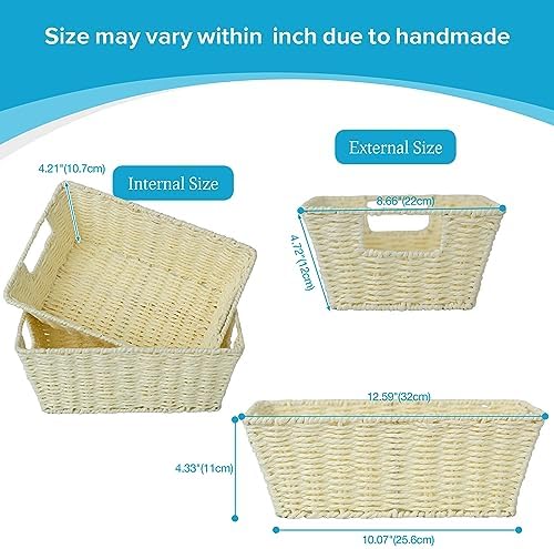 JS HOME Wicker Storage Baskets with Liners, Round Paper Rope Storage Baskets with Built-in Handles Handwoven Shelf Baske