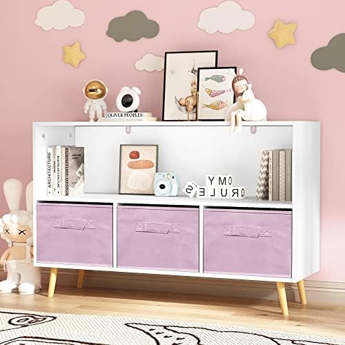 Girls Bookshelf Kids Bookcase with Collapsible Fabric Drawers, Pink Bookshelf Children's Book Display,Toy Storage Cabine