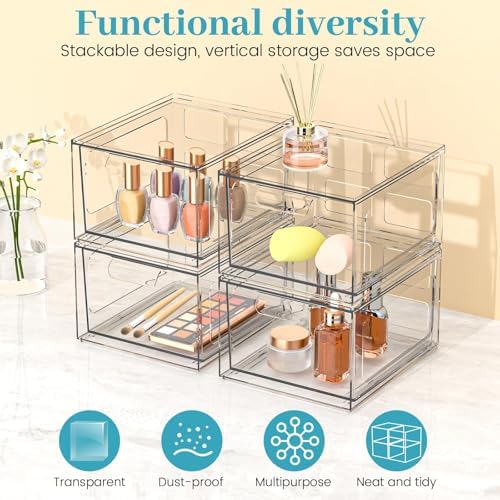 SpaceHacks 6 Pack Stackable Plastic Makeup Organizer Drawers, Acrylic Organizers, Clear Storage Bins with Pull-Out Handl