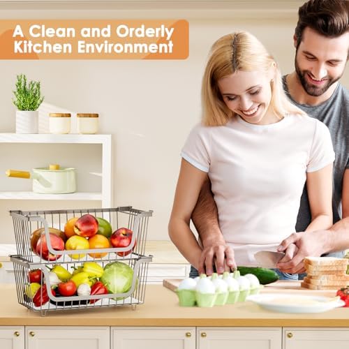 4 Pcs Stackable Wire Baskets for Pantry Organizers and Storage, Gray