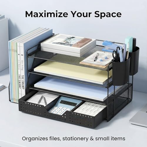 ECOLOVI Desk Organizer, 4-Tier Paper Organizer Letter Tray with File Holder, Drawer and 2 Pen Holders, Desktop File Organizer for Office Supplies, Workspace Storage, Black