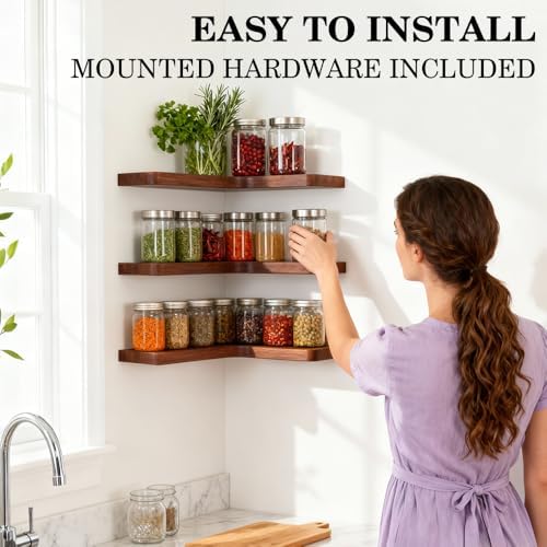 Floating Corner Shelves, Wall Shelf Set of 3, Shelves for Wall Storage, Solid Wood Shelves for Storage, Wall Mount Woode
