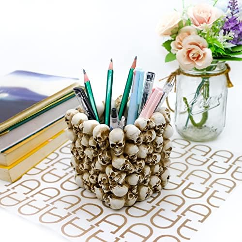 Halloween Decor Skull Pen Holder - Goth Human Skull Makeup Accessory Brush Holder for Desk Gothic Spooky Pencil Cup Desktop Storage box Organizer for Home Office Women Man Birthday Gift