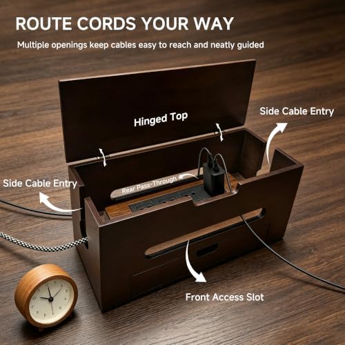 Cable Management Box with Storage Drawer, Wooden Cord Organizer Box