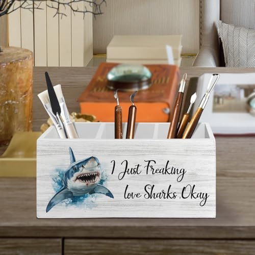Shark Decor, Shark Bathroom Decor, Pen Pencil Holder Organizer for Desk Accessories, I Just Freaking Love Sharks Okay Wooden Box Sign Desk for Home Office Decoration