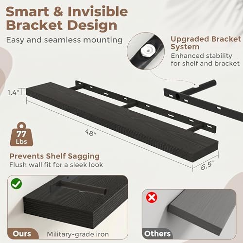 48 Inch Floating Shelves for Wall, 6.5"D Wood Storage Shelves, Black Finish