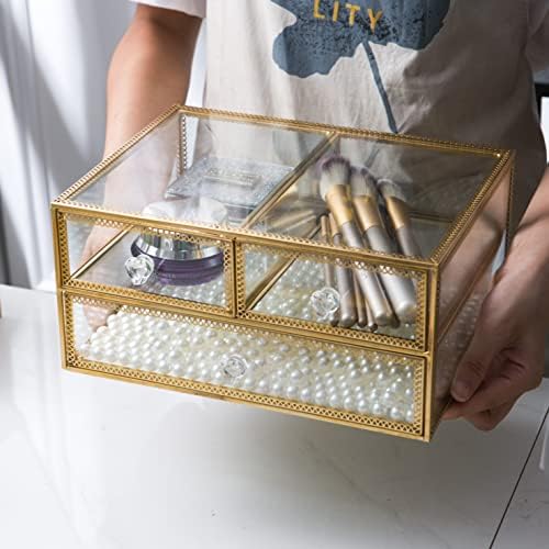 Vellon Gold Glass Box Makeup Organizer, Glass Jewelry Drawer, Vintage Jewel Organizer, Desktop Cosmetic Storage, Makeup 