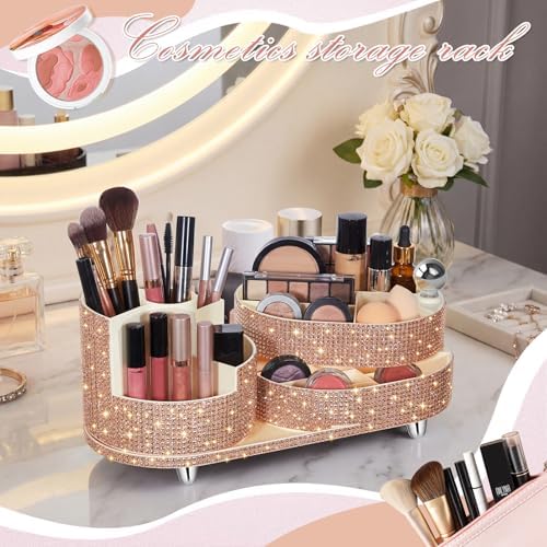 Rotating Makeup Organizer Vanity, Champagne, Rhinestone