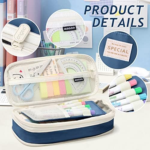 KPX Big Capacity Pencil Pen Case Bag with Zipper Office College School Storage Large Capacity Bag Pouch Holder Box Organizer Colorful (Navy Blue)