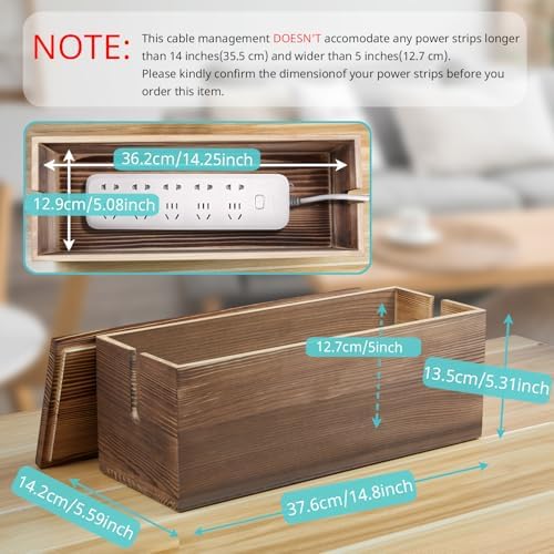 Large Cable Management Box, Burnt Wood Cord Organizer Box for Desk, Floor, Office to Hide Extension Cords Power Stripes 