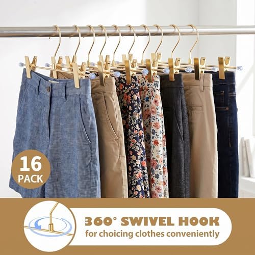 16 Pack Pants Hangers with Clips, 12.2 Inch Slim Metal Clothes Hangers with 360° Swivel Hooks, Heavy Duty Space Saving Closet Hangers for Jeans, Slacks, Shorts, Skirt (Gold)