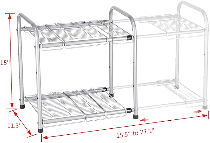 NEX 2-Tier Under Sink Shelf Organizer Storage Rack with Flexible & Expandable 15'' to 27'' for Kitchen Bathroom Cabinets