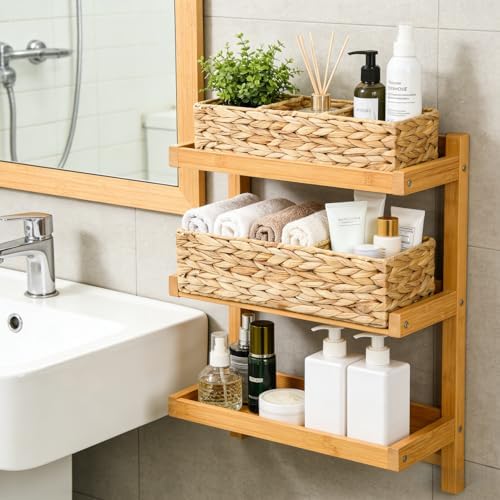 Pumtus 2 Pack 3-Section Woven Baskets, Water Hyacinth Storage Bin, Handwoven Desk Organizer, Toilet Paper Container, Rec