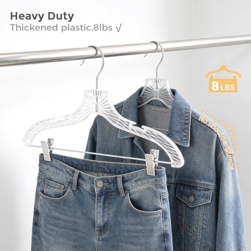 HOUSE DAY Clear Hangers with Clips 25 Pack, Set Hanger for Tops and Bottoms