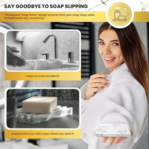 DAY1 Marble Soap Dish Tray – Bathroom Sink Soap Holder, Vanity Tray, Brush Organizer, Decorative Resin Dish for Kitchen,