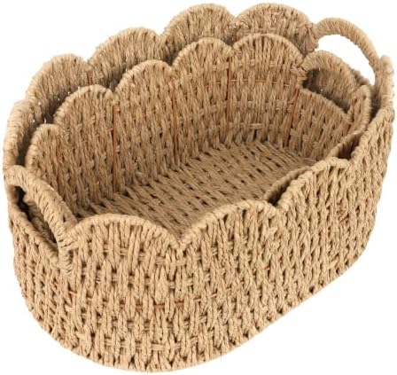 iEGrow Paper Rope Scalloped Basket, Set of 2 Woven Storage Wicker Baskets with Handle for Organizing and Shelves, Cute Boho Oval Baby Baskets for Decor, Towel, Toys, Nursery, Book, Gift Natural