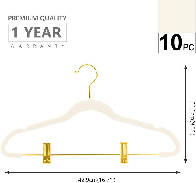 MIZGI Premium Velvet Pants Hangers with Adjustable Clips (Pack of 10) Slim Skirt Hangers- Non Slip Felt Outfit Dress Hangers Ivory - Gold Hooks,Space Saving Shirt Clothes Hangers