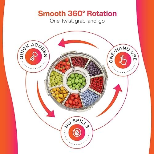 Divided Rotating Snackle Box Container, Veggie Tray with Lid for Fridge - Lazy Susan Snack Spinner with Handle, Rotating