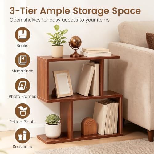 GIANTEX 3-Tier Wood S-Shaped Geometric Bookshelf Set of 2, Walnut