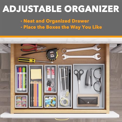 SpaceAid 7-Piece Bamboo Drawer Organizer Storage Boxes Set, Wood Tray Junk Drawer Organizers Multi-Use Divider Bins for Kitchen, Bathroom, Office Desk and Makeup Organization (7 Pack, Gray)