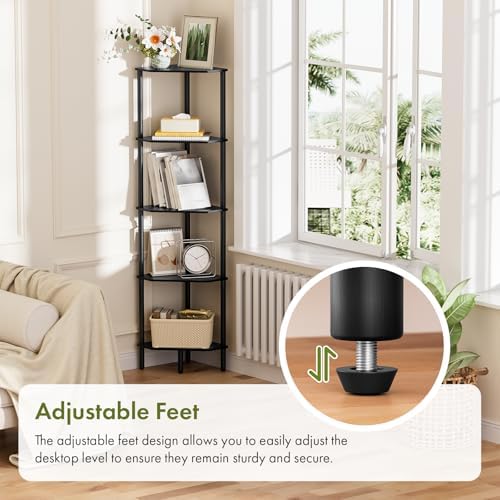 5 Tier Black Corner Shelf, 54" Tall Corner Shelves, Bamboo Corner Bookshelf, Industrial Display Shelf, Shower Storage Or