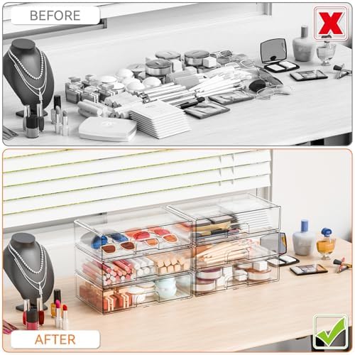 Yieach 12.2''W Clear Stackable Storage Drawers,4 Pack Acrylic Drawers,Bathroom Organizer Bin and Plastic Makeup Organize