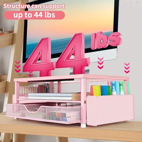 AUPSEN Pink Desk Organizers and Accessories, 2-Tier Wood Computer Monitor Stand with Drawer, Pen Storage & Phone Holder,