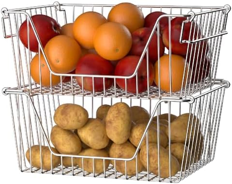 Slideep 14'' Large Stackable Storage Baskets Cabinet Organizer Sturdy Metal Wire Pantry Freezer Bin for Pantry Home Bath