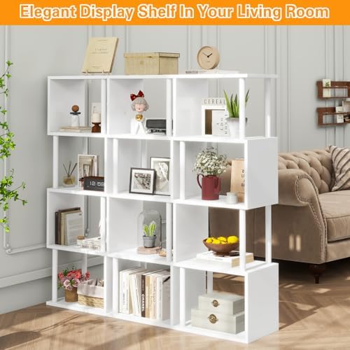 IBUYKE 5-Tier Tall Bookshelf,S-Shaped Geometric Bookcase,White WBC015W