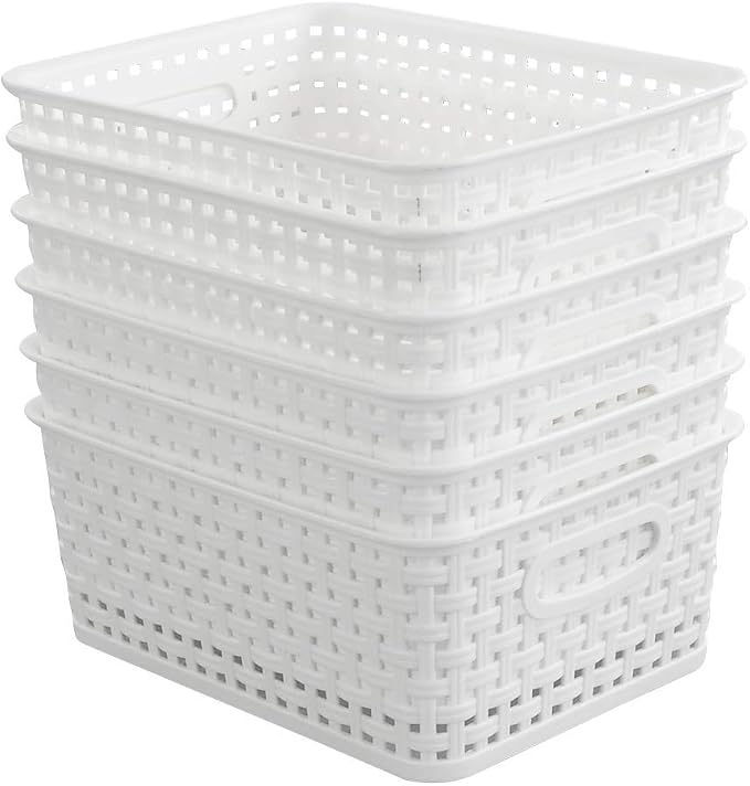 4-Pack Small Storage Baskets, Woven Plastic Basket, White | 10" x 7.7" x 4", Home Organization, Space - Saving Storage, Stylish Design, Organizer Baskets for Cabinet, Closet, Office