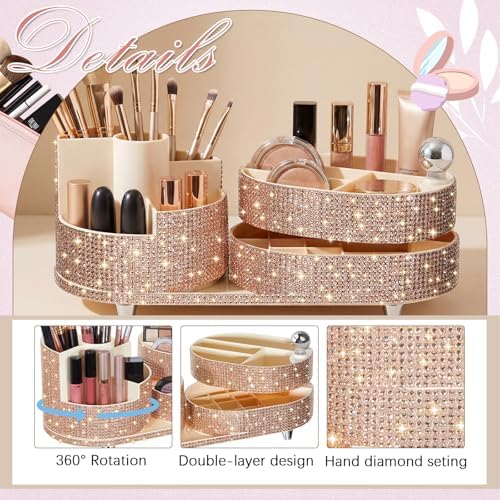 Rotating Makeup Organizer Vanity, Champagne, Rhinestone