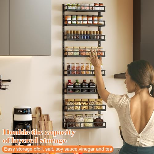 X-cosrack 8-Tier Adjustable Spice Rack – Wall-Mounted Space-Saving Organizer with Mixed Baskets, Large-Capacity Seasonin