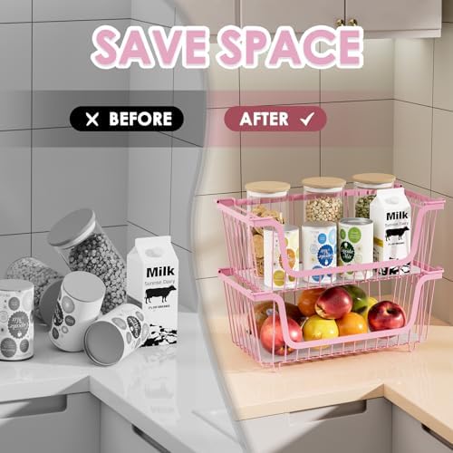 4 Pcs Stackable Wire Baskets for Pantry Organizers and Storage, Pink