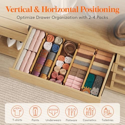 Lifewit 4" High Dresser Drawer Dividers, Adjustable Bamboo Drawer Organizer