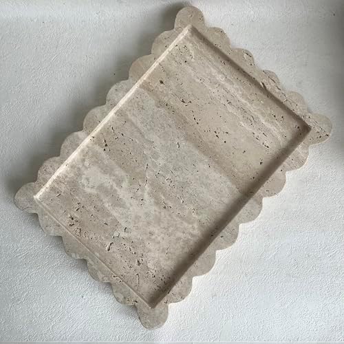 Natural Scalloped Marble Tray, 10.7"x7.87", Rectangle for Bathroom & Kitchen, Decorative for Dresser (Beige Travertine)
