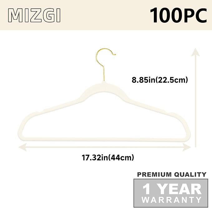 MIZGI Premium Velvet Hangers Pack 100 Pcs Heavyduty - Non Slip Slimline - Velvet Suit Hangers Ivory - Gold Hooks,Space Saving Clothes Hangers …