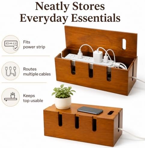 12" Acacia Wood Cable Management Box, Cord Hider Organizer