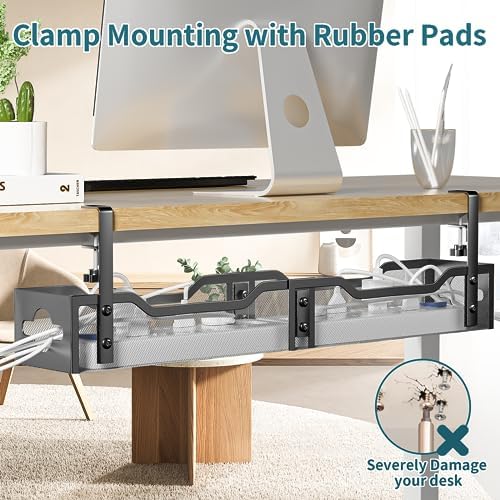 Under Desk Cable Management Tray Black, Litwaro Cable Management Under Desk No Drill, 25'' Cable Tray with Clamp for Wir