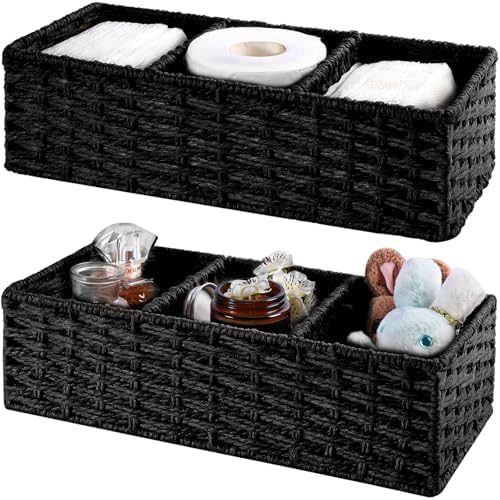Vagusicc 3 Section Wicker Storage Basket, Hand-Woven Paper Rope Wicker Baskets for Organizing, Toilet Tank Basket, Black
