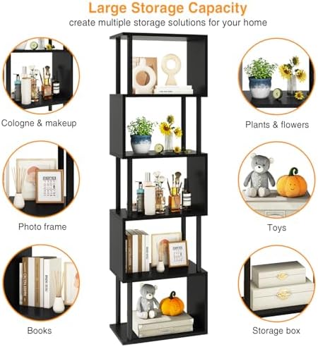 IBUYKE 6-Tier Tall Bookshelf,S-Shaped Geometric Bookcase,Black WBC016B