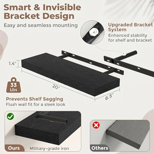 20 Inch Floating Shelves for Wall, 6.5"D Wood Storage Shelves, Black Finish