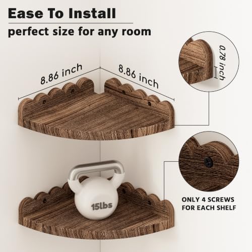 QsQueen Floating Shelves for Wall, 8.86 Inch Corner Scalloped Paulownia