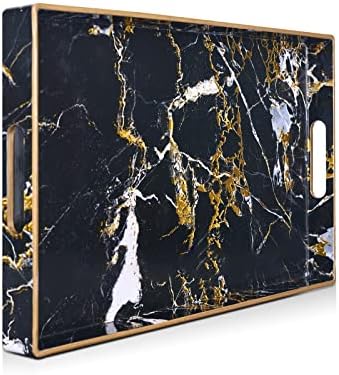 Gifturbo Black Serving Tray,Marble Decorative Serving Trays with Handles, Coffee Table Tray Ottoman Rectangular Plastic 