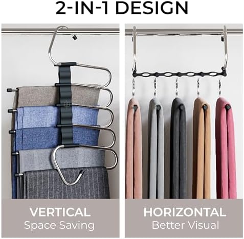 MORALVE Pants Hangers Space Saving - 4 Pack - Non-Slip Multi-Layer Space Saving Hangers - Multifunctional Clothing Rack for Closet Storage - Ideal for Jeans, Trousers, Skirts, Scarves & Slacks (Black)