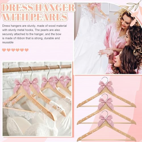 Wonderjune Blush Pink 10 Pcs Bride Hanger for Wedding Bride Groom Bridesmaid Ribbon Bow Pearl Hanger Wood Color Elegant Wooden Dress for Bridal Shower Tuxedo Photo Keepsake Party Gift (Pearl Bow)