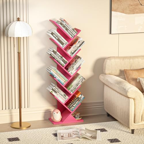 10 Tier Tree Book Shelf, Floor Standing Wood Bookshelf for Narrow Space